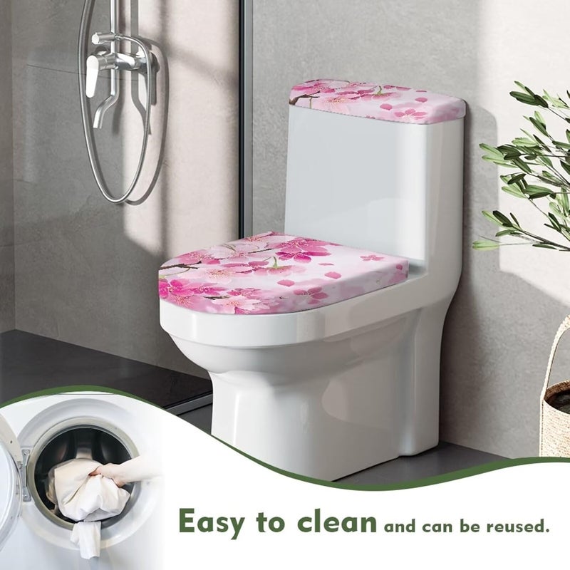 CREAMIC Cherry Blossom Toilet Tank Lid Cover and Toilet Seat Lid Cover with Elastic Bottom Toilet Covers 2 Pieces Set Universal Fit Toilet Top Covers Home Indoor Decoration - Image 4